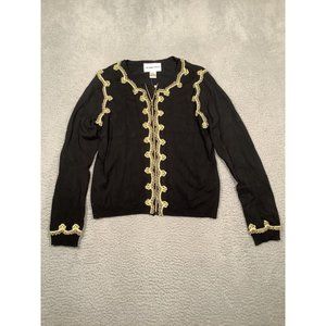 NWT Victor Costa‎ Black Zip Sweater Cardigan Gold Ribbon Beaded Rayon Large L